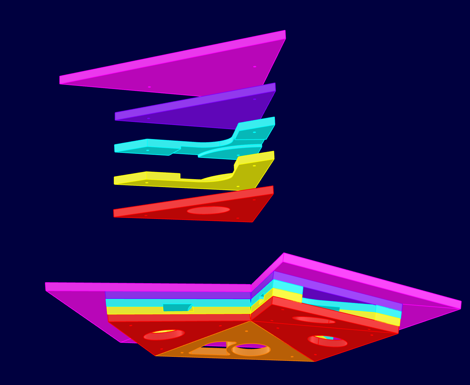 Exploded CAD model of a layered plate assembly, with each layer in a different color